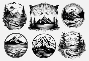 portrait tattoo with mountains, beach, waves, sunset, camping, trees tattoo idea