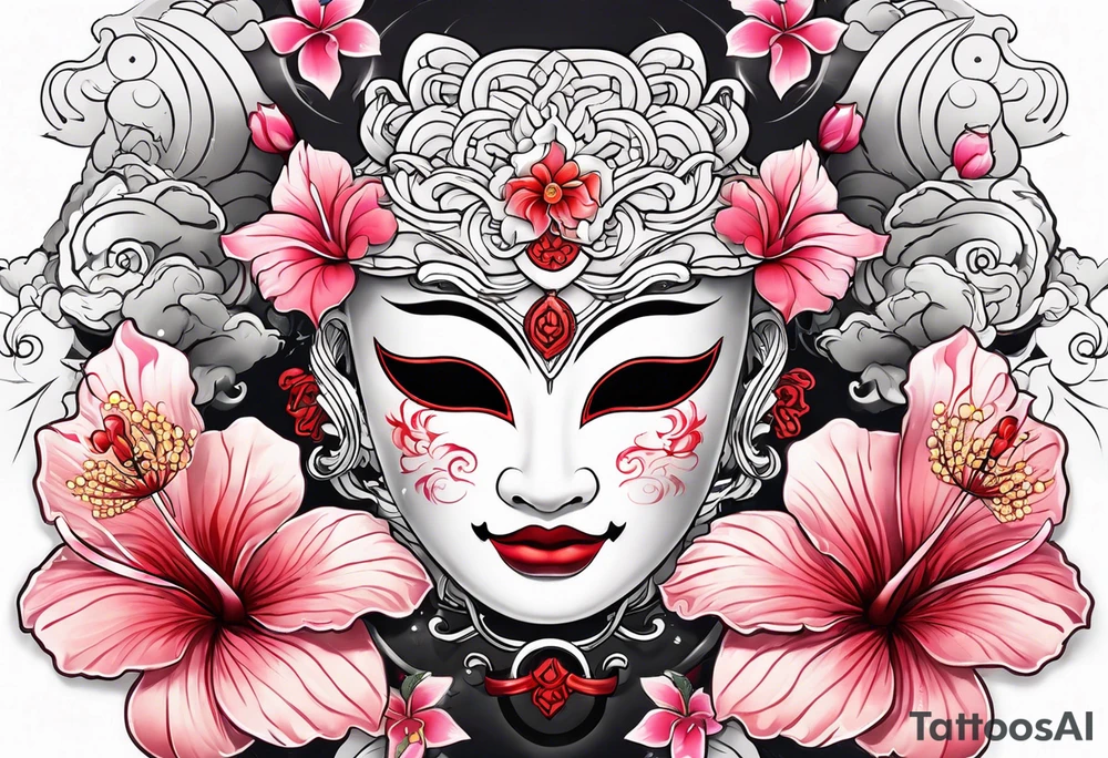 White japanese mask with red accents and pink hibiscus flowers tattoo idea