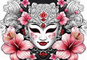 White japanese mask with red accents and pink hibiscus flowers tattoo idea