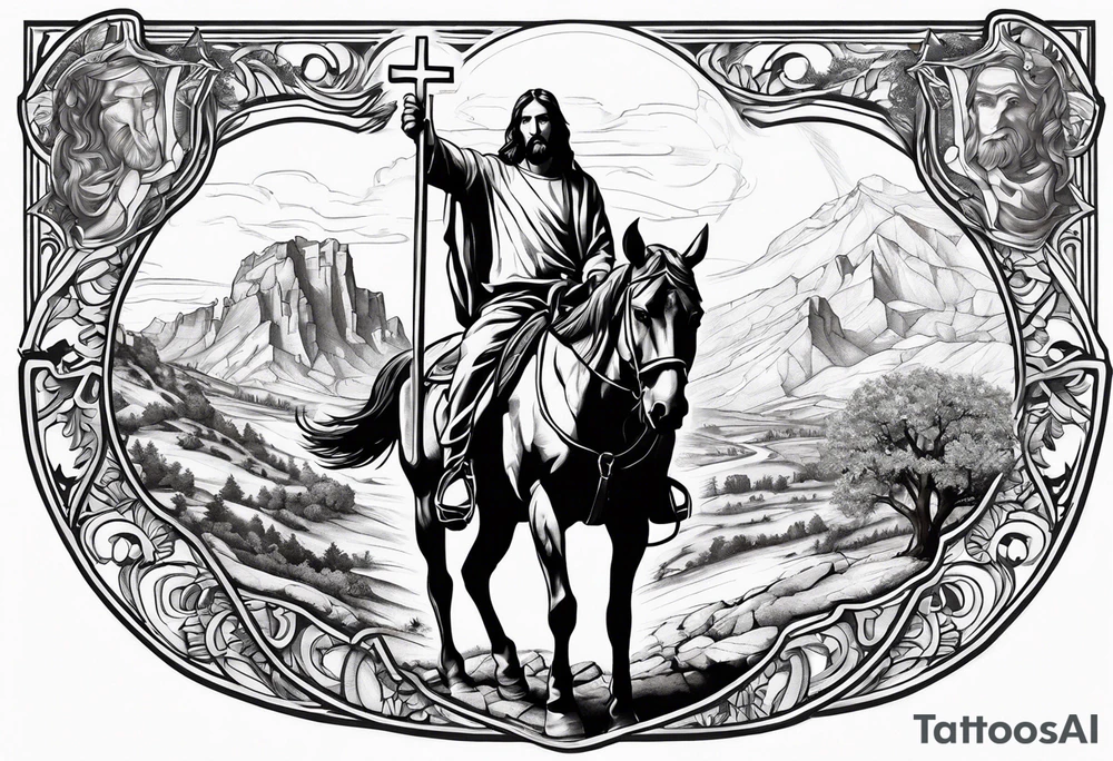 Jesus with three crosses at the bottom and a cowboy riding a horse tattoo idea