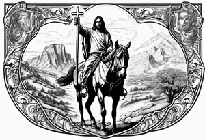 Jesus with three crosses at the bottom and a cowboy riding a horse tattoo idea
