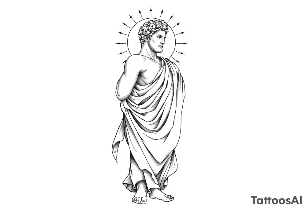 Tattoo design, vertical full sleeve composition, black and grey fine line linework style. Full figure of Apollo, Greek god of light, depicted in classical marble statue style, wearing flowing ancient drapery cloth. Calm powerful stance, balanced proportions, serene expression. Radiant sun halo behind the head with geometric rays. Subtle sacred geometry and orbital cosmic elements surrounding the figure. Laurel wreath symbolism integrated. Light energy lines and minimal abstract flow shapes. Clean composition, elegant, not overcrowded. Include the quote in fine serif lettering: “Do. Or do not. There is no try.” Tattoo stencil design, white background, no dark horror elements, no wings, professional tattoo flash. tattoo idea