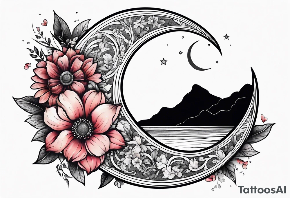 Crescent moon shrouded in pretty flowers tattoo idea