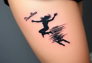 A silhouette of Tris jumping from a train, with motion blur effects to capture the speed and thrill of Dauntless initiation, representing movie Divergent tattoo idea