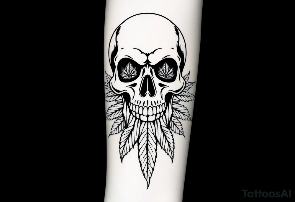 "Create a bold, black-and-white illustration of a stylized skull with intricate detailing. Incorporate cannabis leaves extending downward like a beard and marijuana buds filling the eye sockets. Ensure the design is symmetrical, high-contrast, and resembles a tattoo-style artwork with sharp, clean lines." tattoo idea