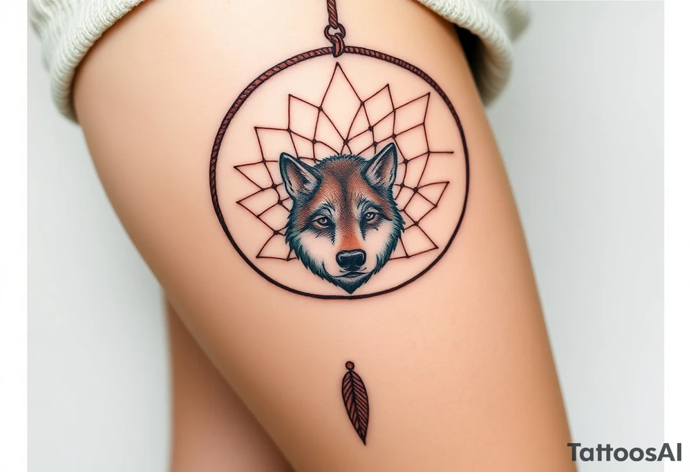 A wolf’s paw print in the center of a dreamcatcher, with the wolf’s face subtly peeking through. The dreamcatcher threads are light brown, and the paw print is shaded in dark brown with hints of green around the edges. tattoo idea