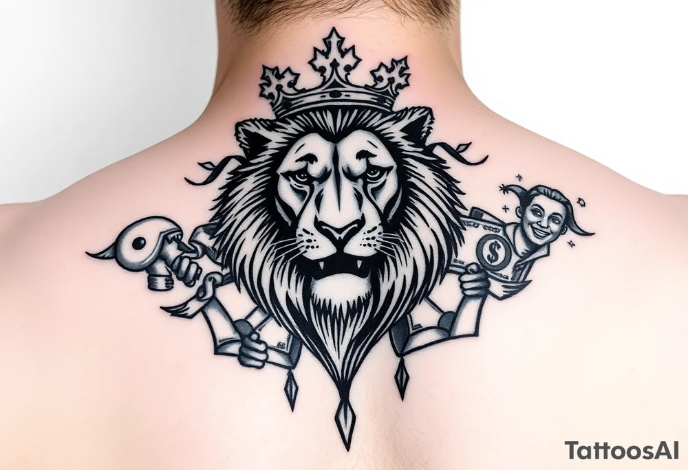 lion with a crown, surrounded by money and joker tattoo idea