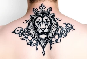 lion with a crown, surrounded by money and joker tattoo idea
