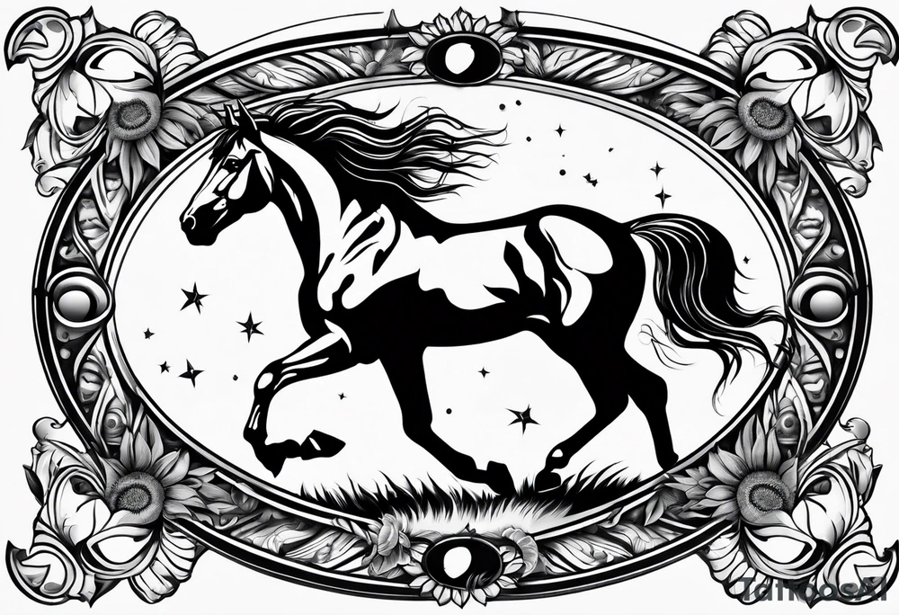Horse, compass, sunflower tattoo idea