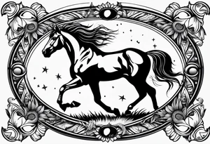 Horse, compass, sunflower tattoo idea