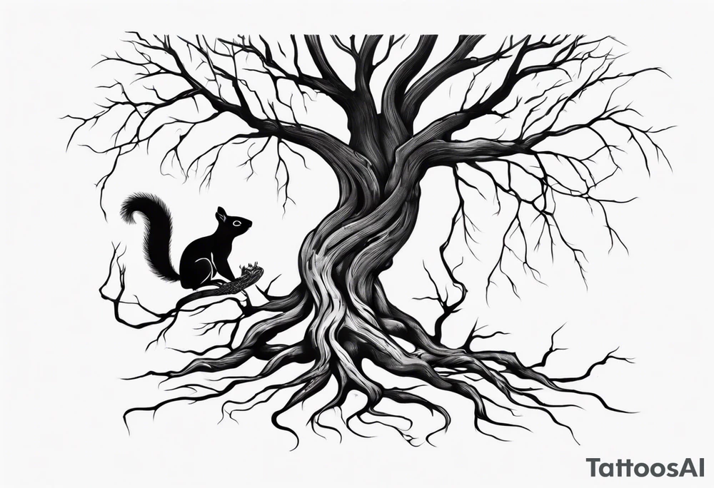 a bare tree with a small squirrel running up the side, a serpent weaving through the tree roots tattoo idea
