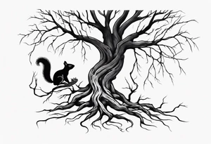 a bare tree with a small squirrel running up the side, a serpent weaving through the tree roots tattoo idea