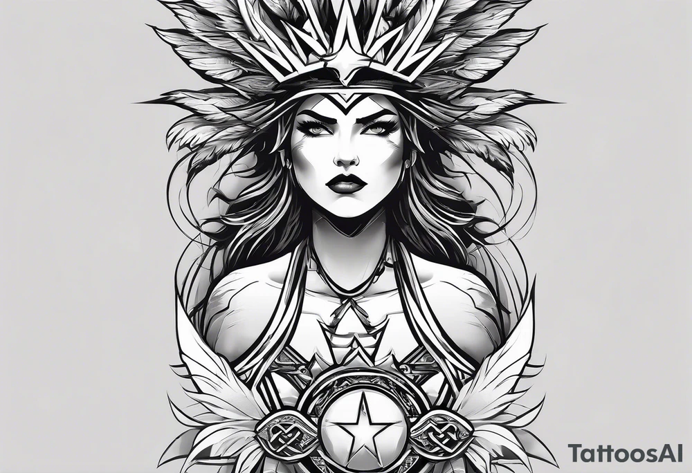 complete upper arm sleeve. Feature three mountain side by side, with 3 stars above them crossed sword patterns that evoke the Valkyrie spirit. Keep the design in clean, simple lines. tattoo idea