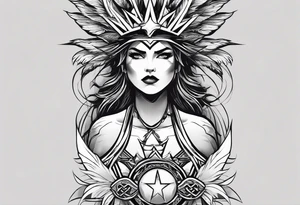 complete upper arm sleeve. Feature three mountain side by side, with 3 stars above them crossed sword patterns that evoke the Valkyrie spirit. Keep the design in clean, simple lines. tattoo idea