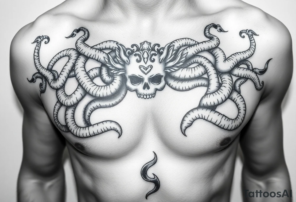 A Beautiful soft feminine sexy Medusa chest peice Black and white with shading fairy like, no harsh lines tattoo idea