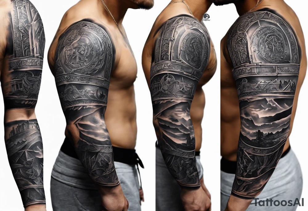 Certainly! Here's the updated description for a bicep and upper arm tattoo:

---

**Tattoo Description:**

**Design:** Black and gray detailed illustration.
**Location:** Bicep and upper arm.
**Concept:** Scene from Dante's Inferno, inspired by Gustave Doré's illustrations.

**Details:**

1. **Main Elements:**
   - A dark forest with towering trees and rocky terrain.
   - Two small figures standing at the entrance of a dark cave, symbolizing the descent into hell.
   
2. **Style:**
   - Detailed line work capturing the intricate details of the forest and rocky environment.
   - Black and gray shading to create depth and contrast, emphasizing the eerie and foreboding atmosphere.

**Overall Feel:**
   - A haunting and dramatic scene that evokes the mysterious and ominous journey through Dante's Inferno.

---

This version is tailored for the bicep and upper arm, providing a clear and concise vision for your tattoo artist. tattoo idea
