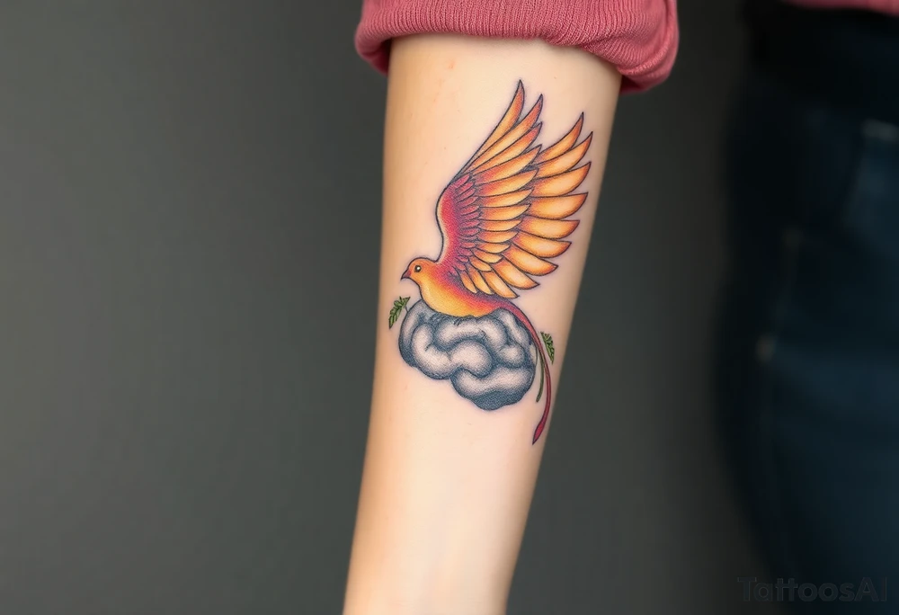 A phoenix flying out of a brain colorful tattoo idea