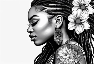 Black woman with long locs side profile and flowers tattoo idea