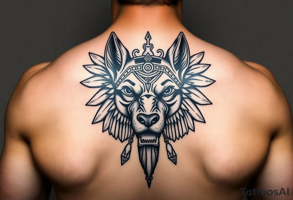 Egyptian Anubis god powerful face muscle in Egypt style dog face surrounded Egyptian symbols tattoo idea