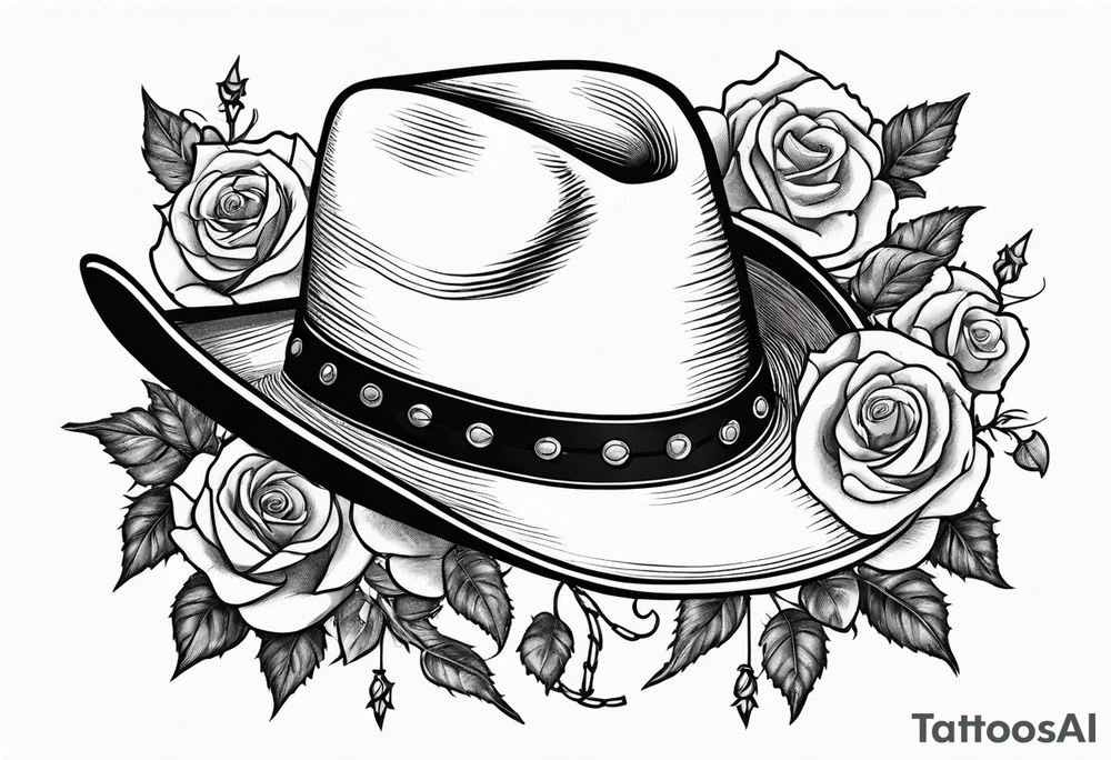 Country acoustic guitar with cowboy hat, barbed wire and roses in background tattoo idea