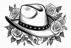 Country acoustic guitar with cowboy hat, barbed wire and roses in background tattoo idea