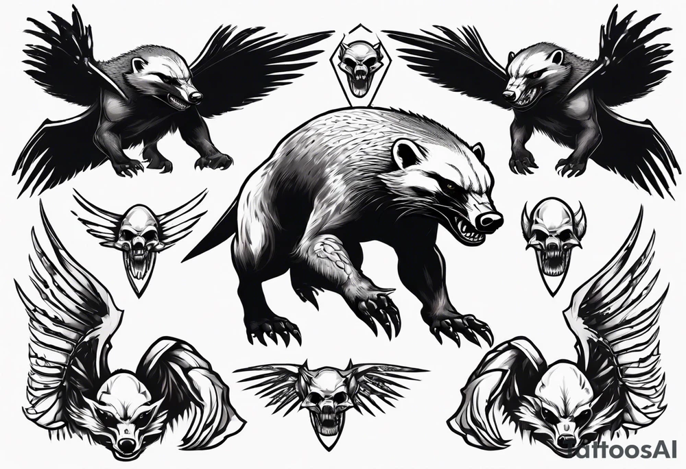 Angry, snarling, detailed forward-facing honey badger against the background of large wings made of bones tattoo idea