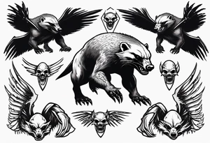 Angry, snarling, detailed forward-facing honey badger against the background of large wings made of bones tattoo idea