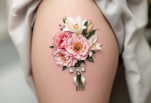 A 3D bouquet wrapped in a satin ribbon, with soft pink peonies, white lilies, and golden details, appearing fresh and lifelike. tattoo idea