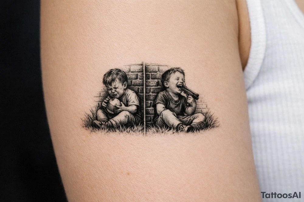 Due bambini, in stile realistico, colorato, seduti sull'erba, divisi da un muro di mattoni, uno piange mentre gioca con la palla, l'altro ride mentre si spara in bocca tattoo idea