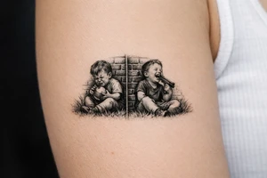 Due bambini, in stile realistico, colorato, seduti sull'erba, divisi da un muro di mattoni, uno piange mentre gioca con la palla, l'altro ride mentre si spara in bocca tattoo idea