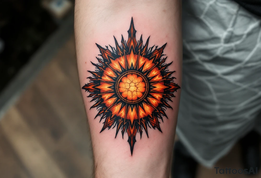 Slavic Sun Wheel – A radiant wheel in fiery tones of orange and red, with radial rays edged in black, backed by cracked stone or parchment. tattoo idea
