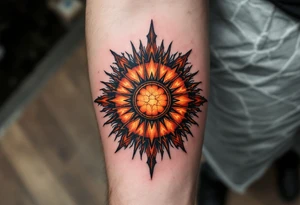Slavic Sun Wheel – A radiant wheel in fiery tones of orange and red, with radial rays edged in black, backed by cracked stone or parchment. tattoo idea