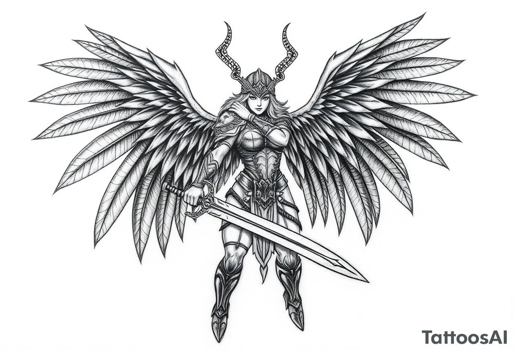 A fierce looking Valkyrie with very big dark wings. The whole body with legs should be visible. 
She's wielding a intricatelly decorated sword and a sturdy

She has heavy armor and a helmet with 
Wings tattoo idea