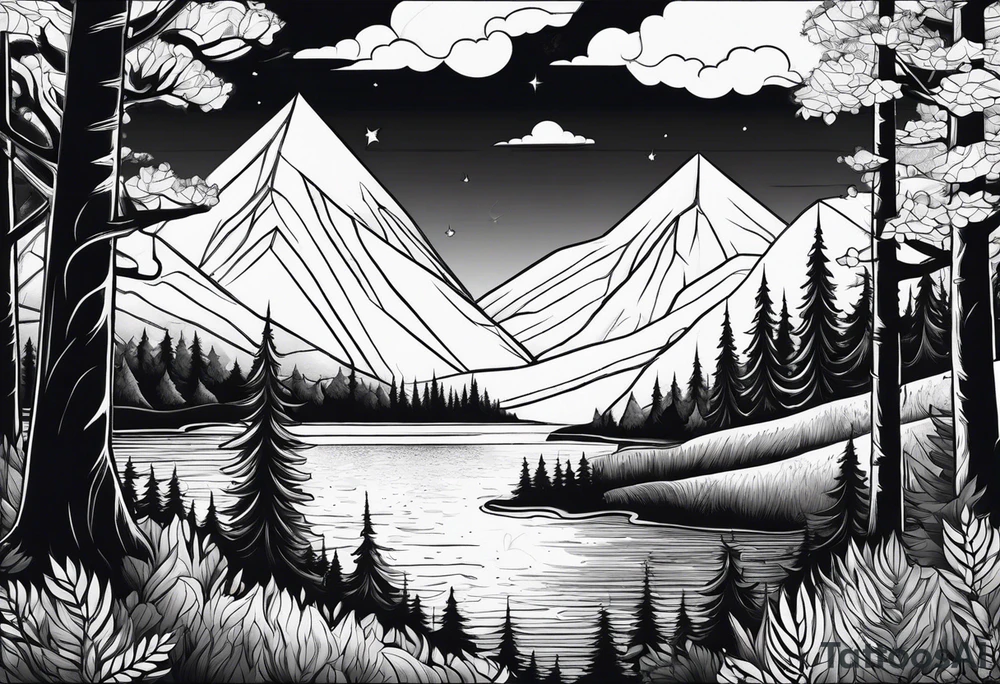 forest along the edges where there are fires below and in the distance with full trees tattoo idea