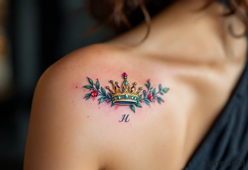 Gold-inked royal crowns with tiny emerald and ruby details, placed above matching initials. tattoo idea