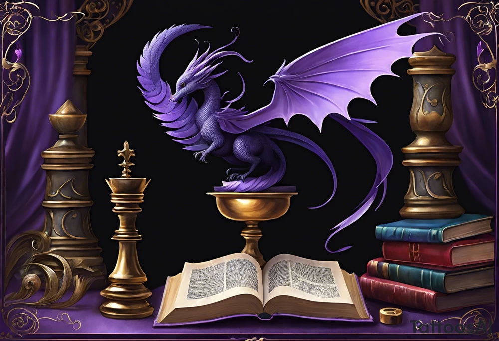 an open book with pages that appear to flutter. Above the book, a delicate small dragon, spirals in the air. To the right, a pawn chess piece stands proudly.  On the left corner of the book, a raven perches, feathers ruffled by an unseen wind. Below, a cluster of lavender flowers blooms, with a charming bumblebee tattoo idea