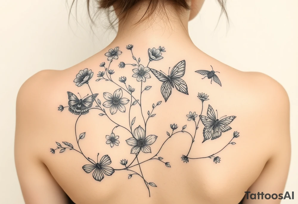 Flowers crawling on vines lady bugs dragon flys butterflies and hummingbirds tattoo idea