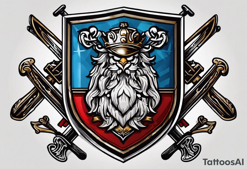 Swanson coat of arms on a shield with crossed skis behind the shield. tattoo idea