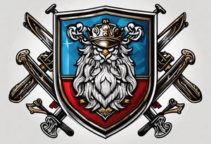 Swanson coat of arms on a shield with crossed skis behind the shield. tattoo idea