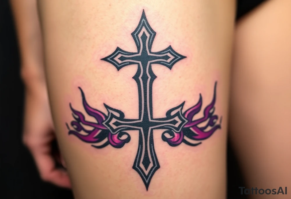 A black inverted cross engulfed in dark purple flames, tattoo idea