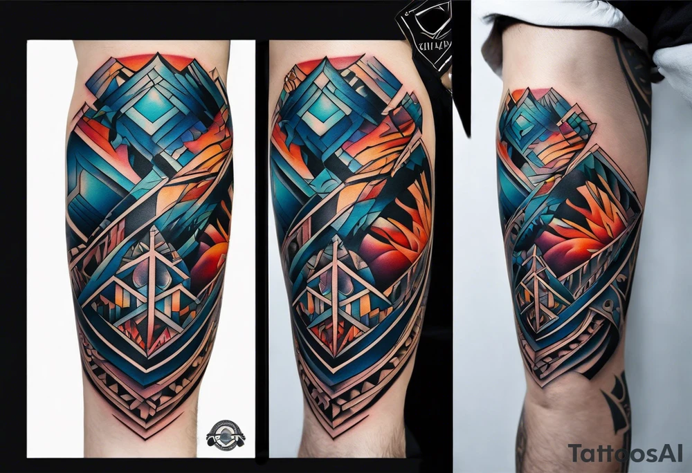 semi Detailed neo traditional knee tattoo flat on paper. The tattoo features geometric patterns and bold lines, creating a visually striking design with slight tints of deep fall colors. The background 
outside the tattoo features deep blues washes and water swirls tattoo idea