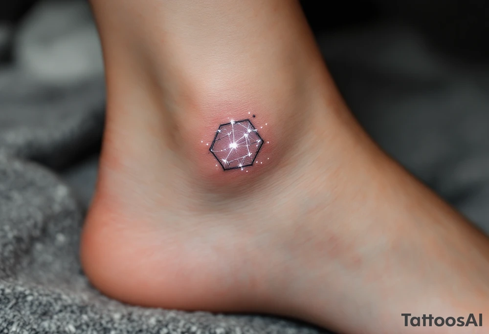A tiny constellation in white glows from inside a black-ink outline of scales on the ankle. tattoo idea