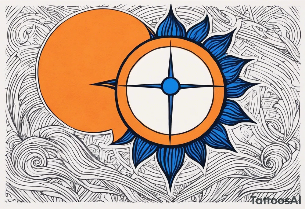 I'd like a tattoo of an orange sun with a blue ohm symbol superimposed on it. The sun should be behind the ohm symbol. tattoo idea