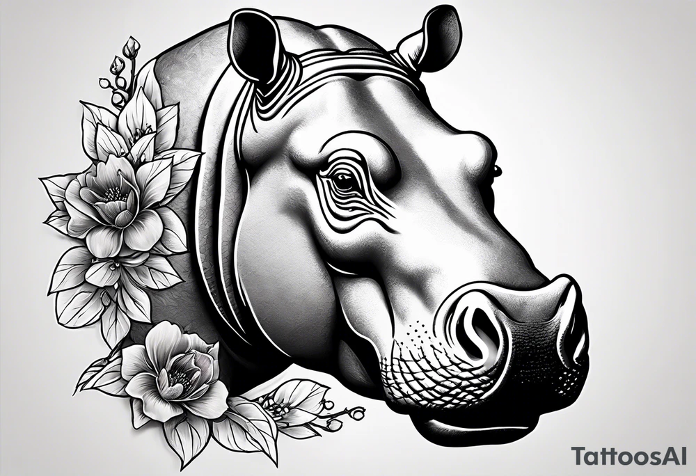 A hippo head with a detailed realistic full moon on upper right corner and wintersweet flower on lower left corner tattoo idea