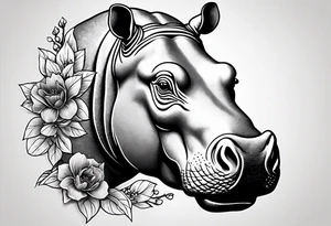 A hippo head with a detailed realistic full moon on upper right corner and wintersweet flower on lower left corner tattoo idea