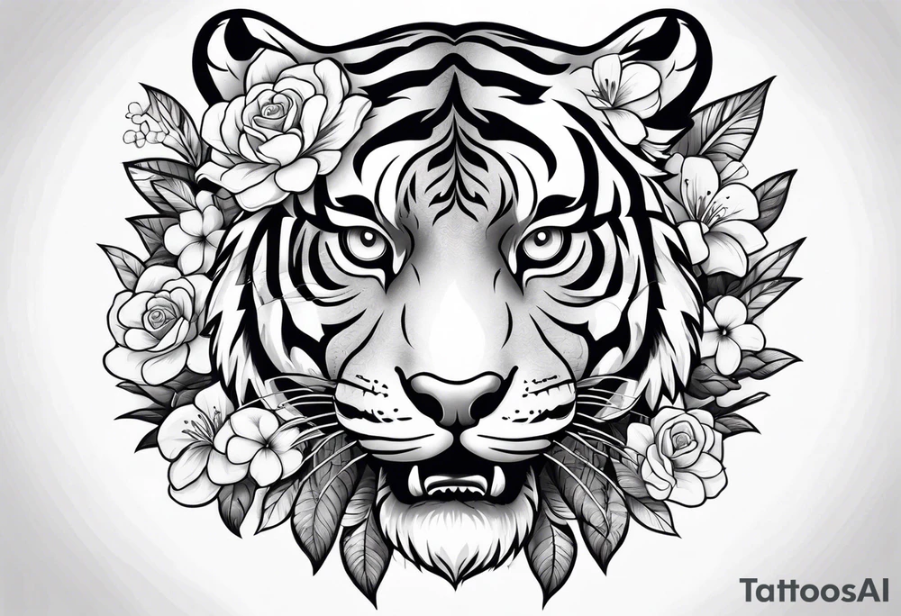 Tiger skull flowers tattoo idea