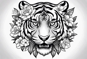 Tiger skull flowers tattoo idea