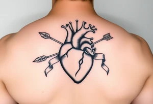 anatomical heart pierced by ornate arrow with flowing ribbons tattoo idea