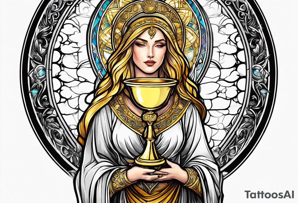 holy saint woman with golden halo holding a chalice tattoo idea