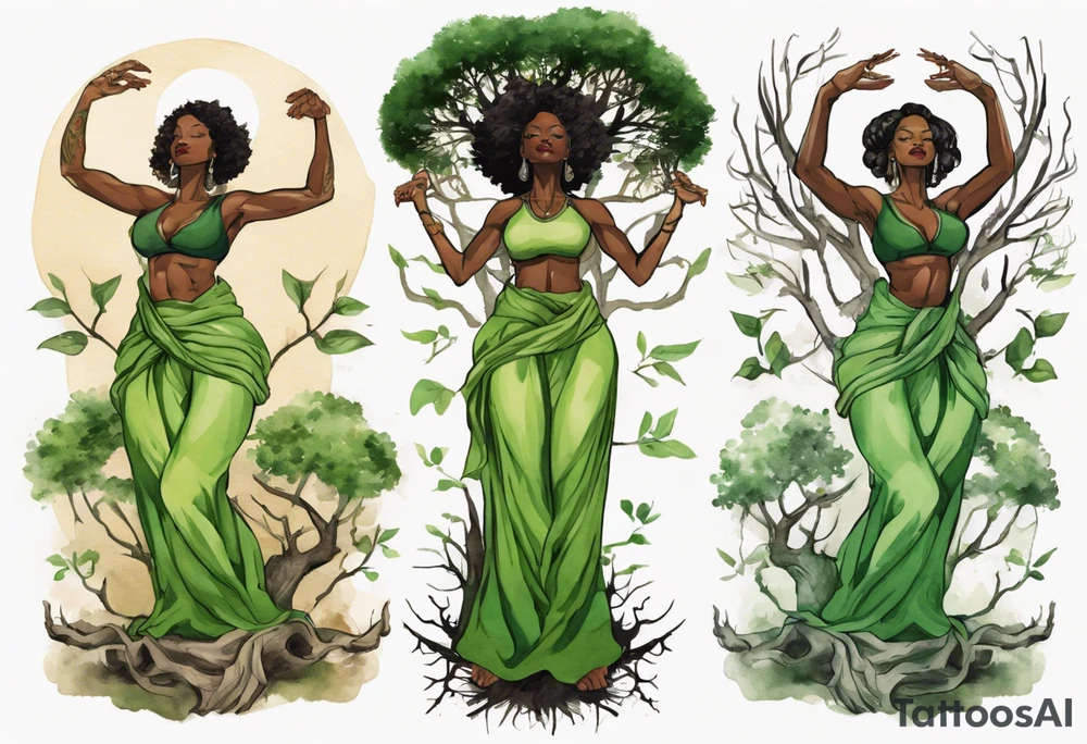 a tree trunk with roots that is a beautiful black woman from the waist up, arms reaching up to the sun, wearing a green tunic tattoo idea